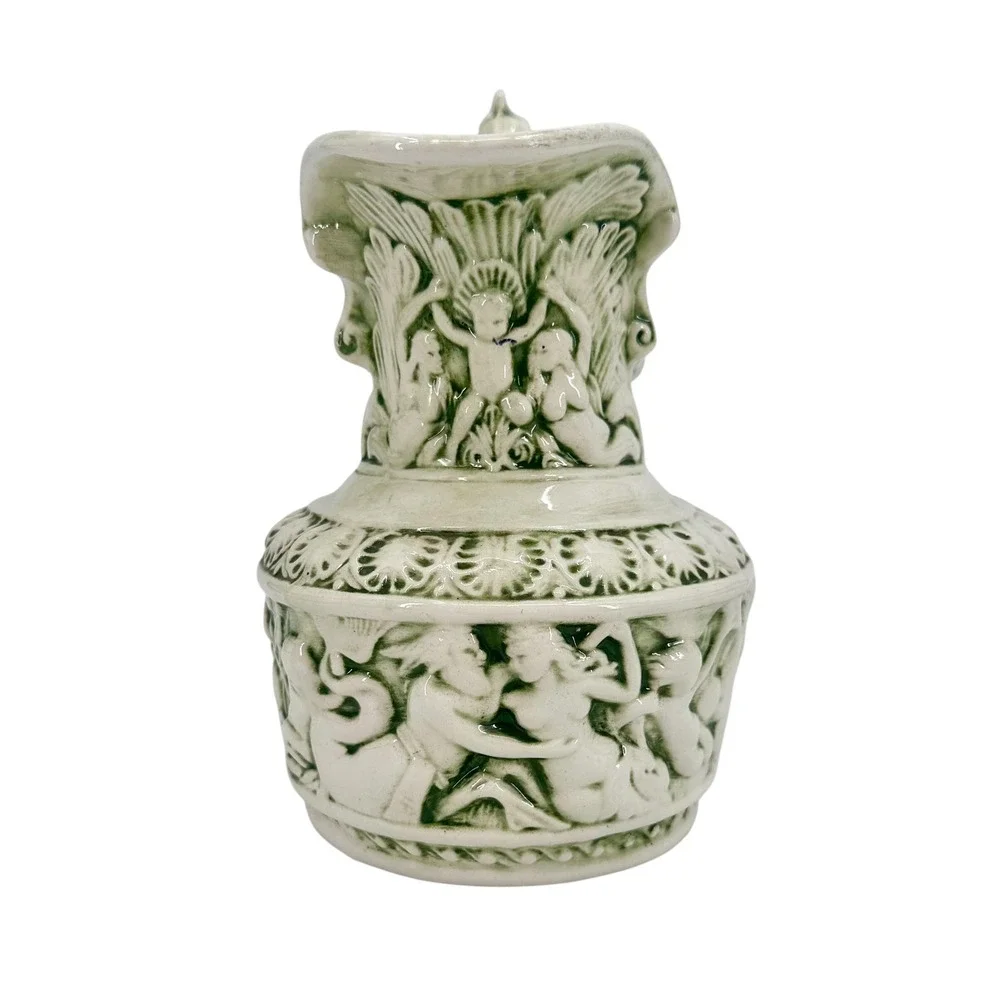 Vintage Ceramic Vase Pitcher Ewer Greek Poseidon Mermaid Cherub Green 3D Relief